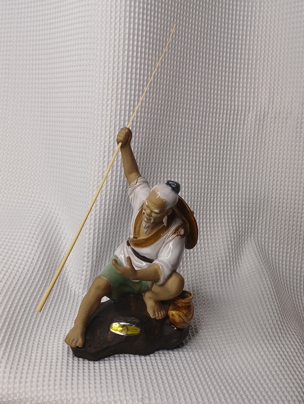 Vintage Shiwan Ceramic Chinese Mudman Fisherman Figurine with Fishing Rod